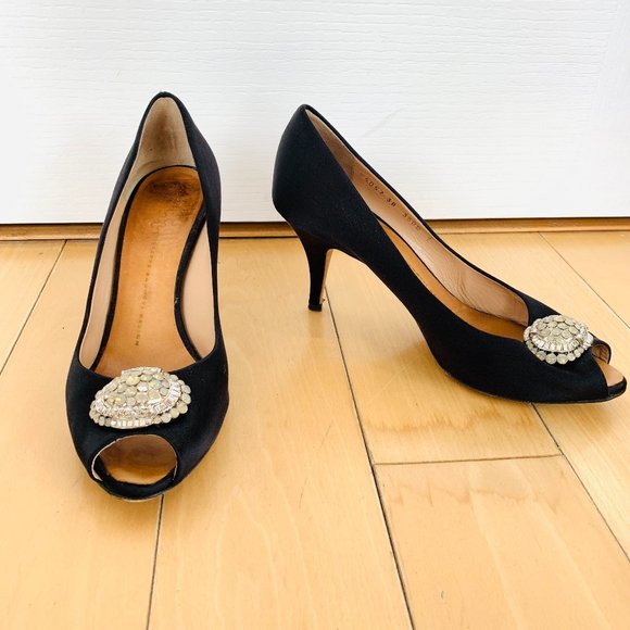 Giuseppe Zanotti Shoes - Giuseppe Zanotti Satin Rhinestone Peep Toe Heels, Size 38, Navy
